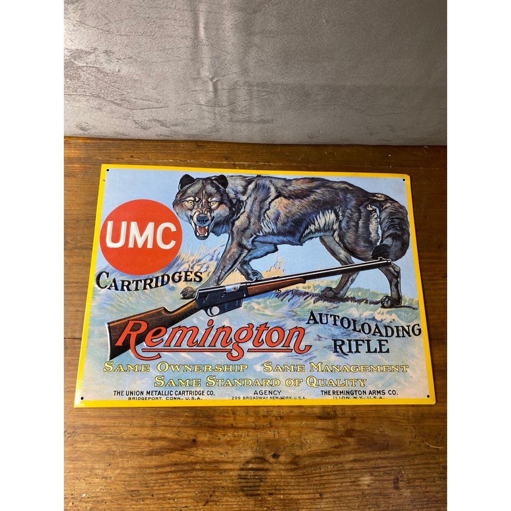 Remington UMC Cartridges Autoloading Rifle Metal Tin Sign Wolf Decor 16x12.5